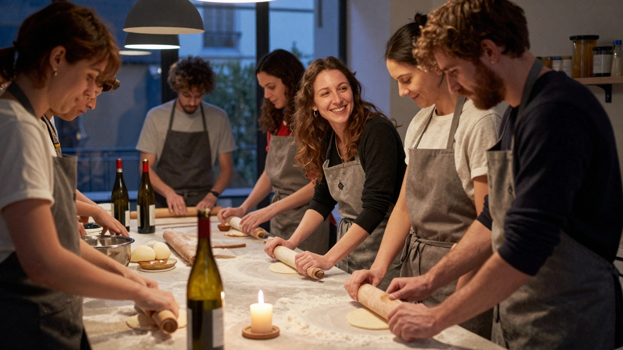 Un atelier de cuisine à Montmartre où des participants partagent un moment intime autour de la préparation de pâtes.