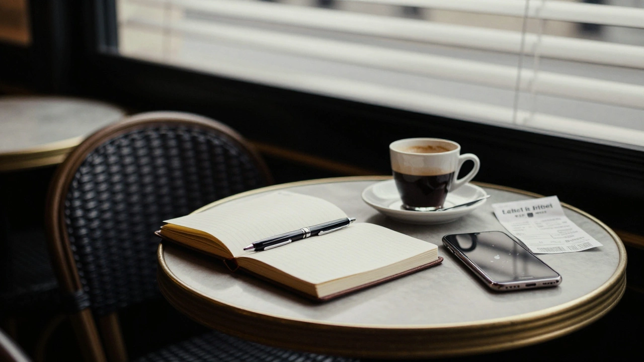 Un café vide au petit matin avec un reçu d'hôtel et un téléphone éteint, évoquant une rencontre sans attachement.
