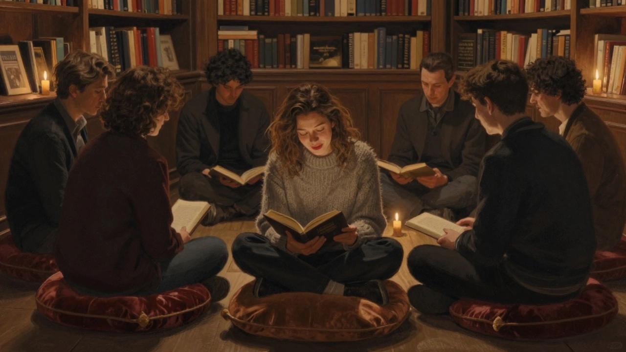 Un groupe d'adultes dans une librairie indépendante à Paris, écoutant une lecture de Camus dans une lumière douce.