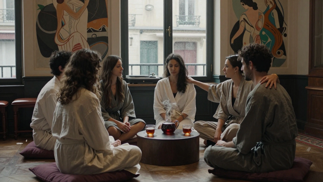 Un groupe de personnes assises en cercle dans une pièce intime, échangeant un regard profond sans mots.