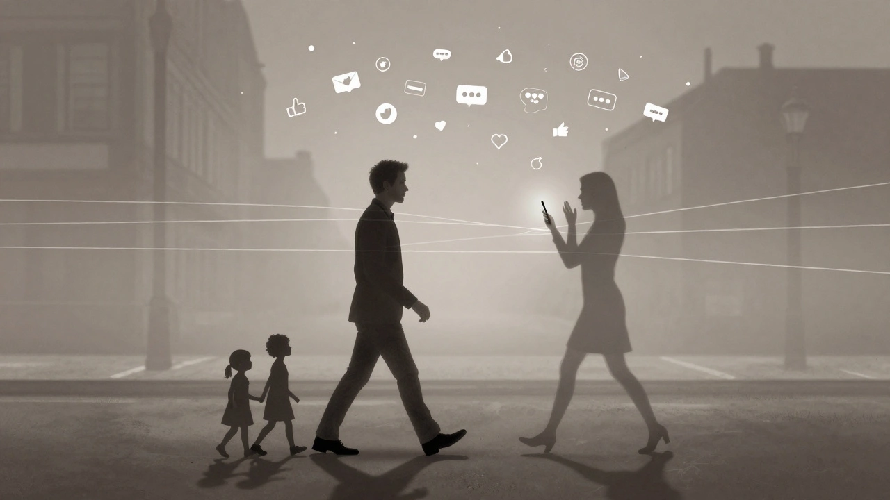 Un homme marche dans la brume, son ombre se divise en deux identités : l’époux et le secret, entouré de fils numériques.