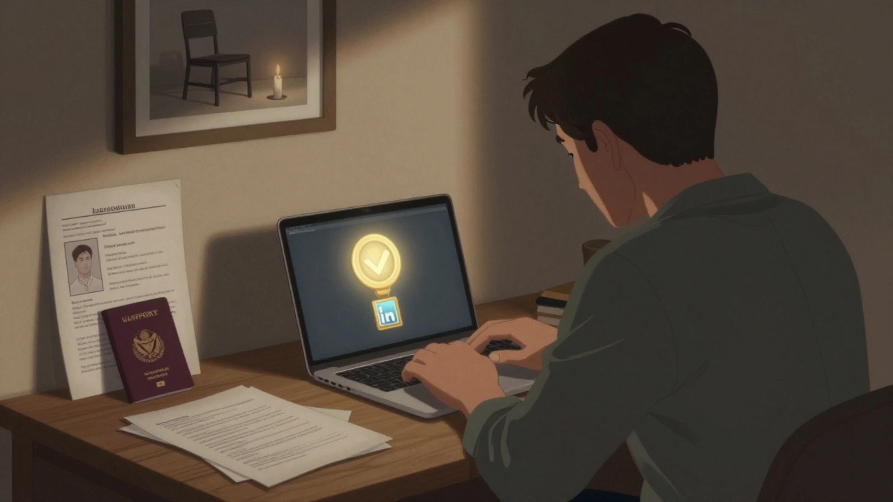 Un homme réécrit son profil d'élite, un badge doré clignote sur un écran, des photos de famille autour de lui.