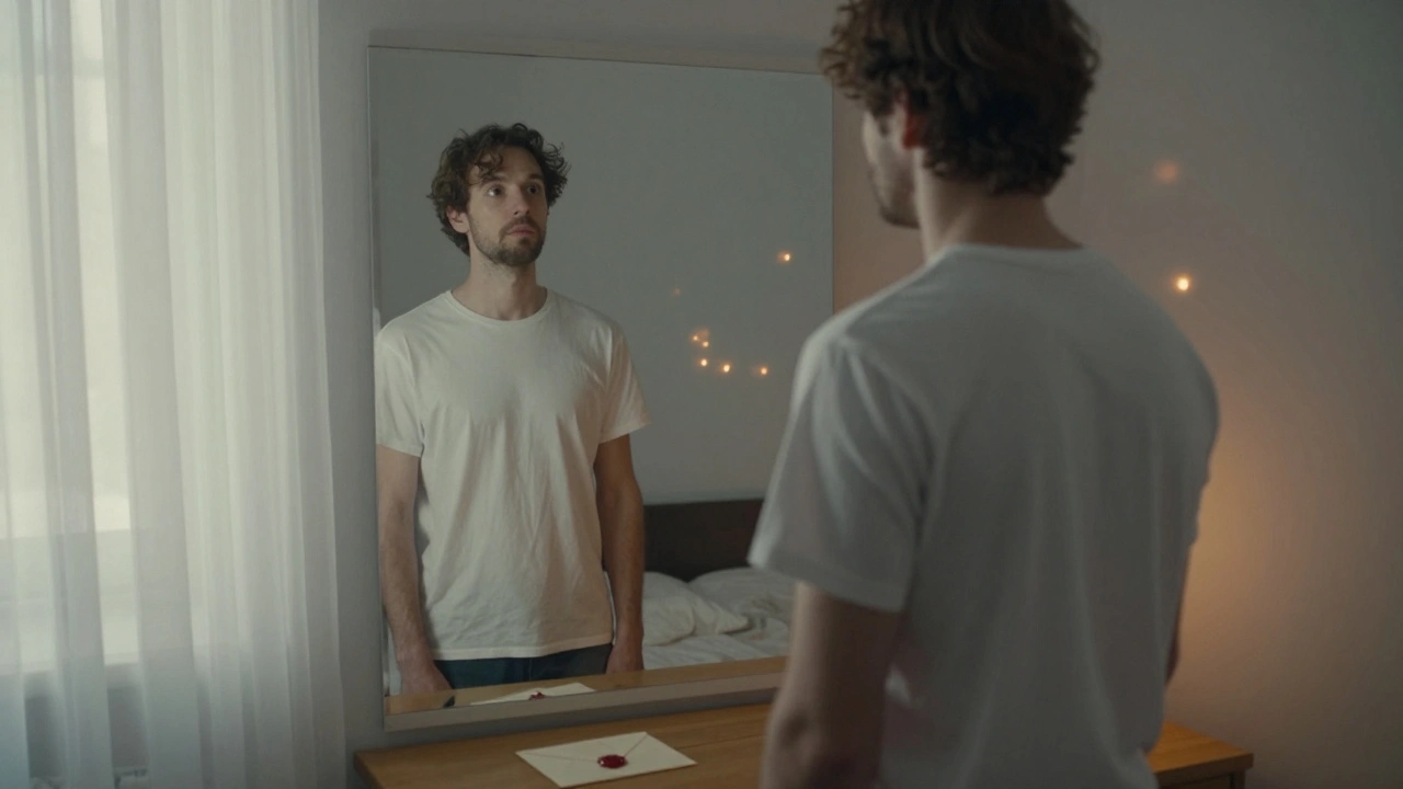 Un homme regardant son reflet, transformé, dans une chambre éclairée par la lumière du matin.