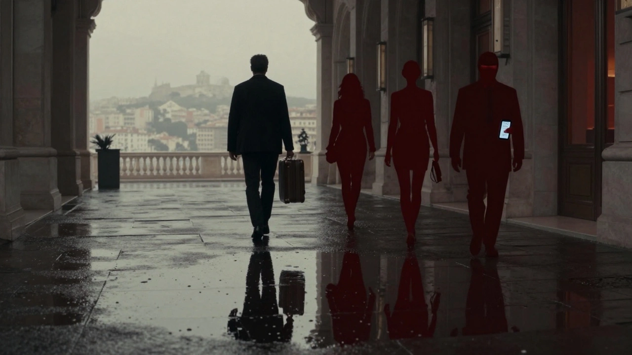 Un homme s'éloignant d'un hôtel au lever du jour, son reflet montre trois silhouettes symboliques.