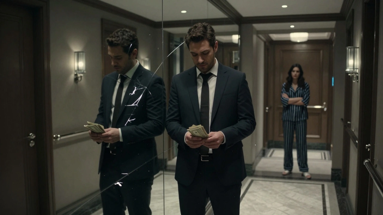 Un homme tient de l'argent dans un couloir d'hôtel, son reflet se divise en deux identités, une femme l'observe à distance.