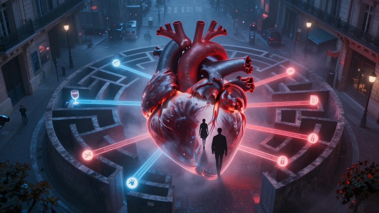 Un labyrinthe de rues parisiennes qui devient un cœur humain, avec dix chemins lumineux représentant des sites de rencontre.