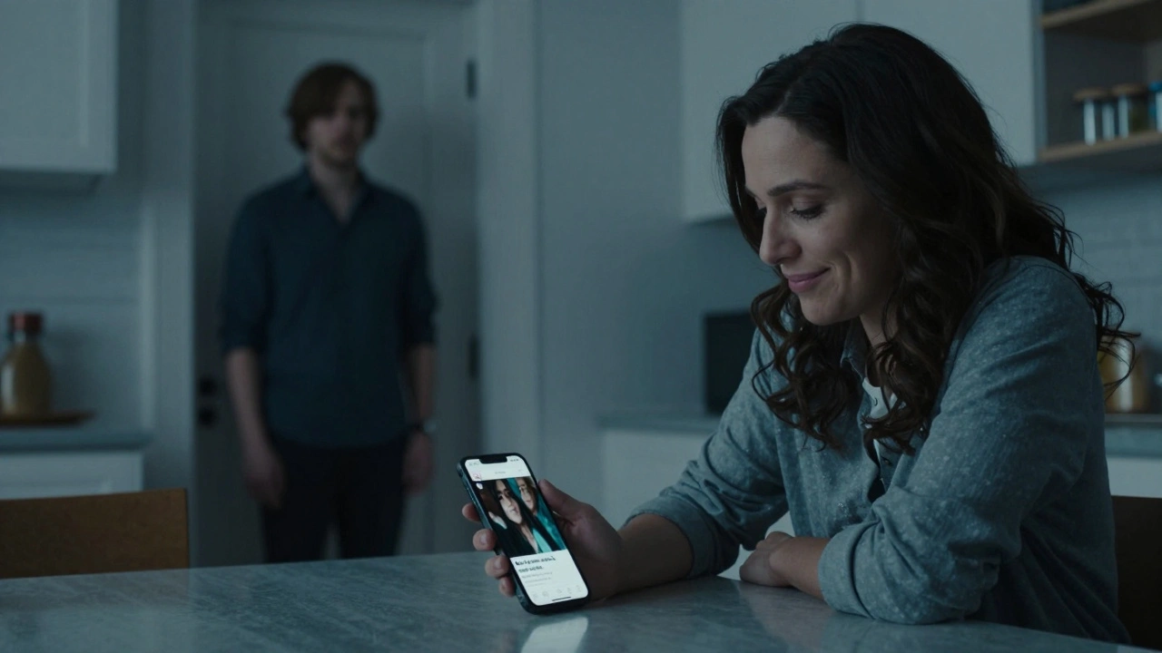 Un téléphone ouvert affiche une photo d'un étranger avec un message d'amour, tandis que l'homme regarde, bouche bée.