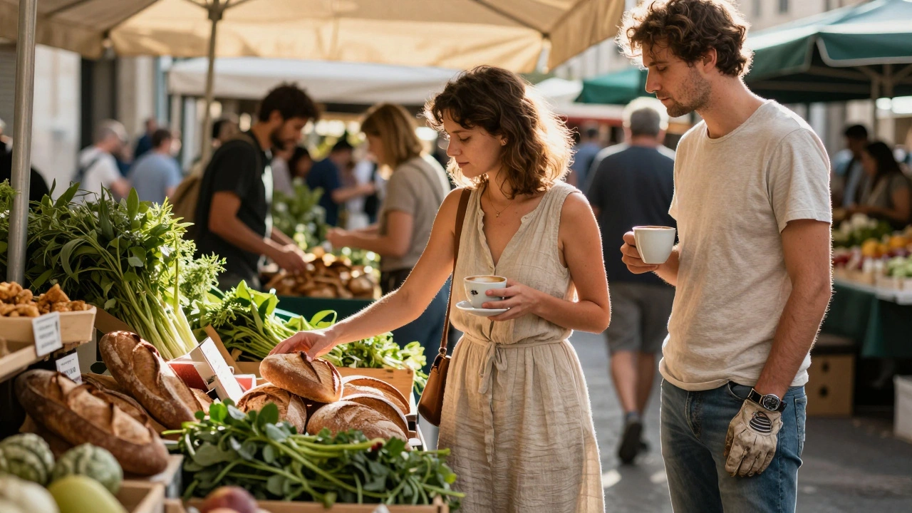 Une femme au marché bio, un homme l'observe discrètement sous la lumière du matin.