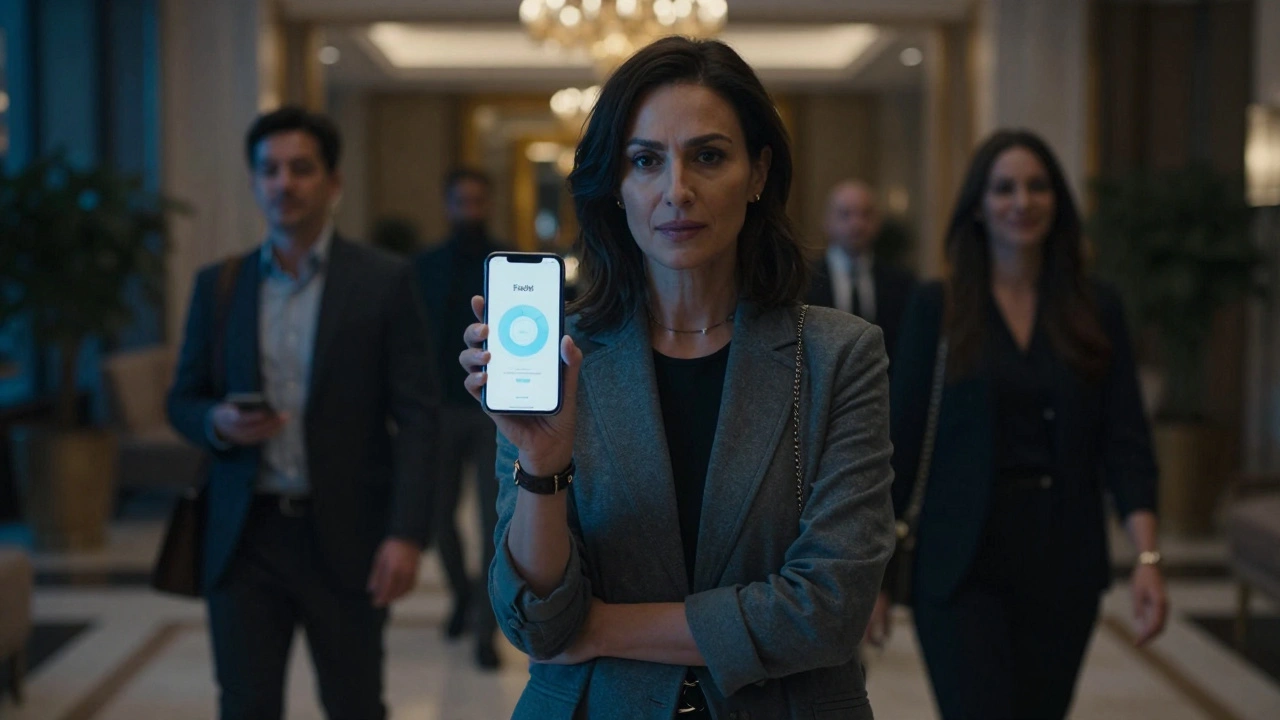 Une femme de 40 ans confiante dans un hall d'hôtel, regardant son téléphone Feeld, entourée d'adultes libérés dans une ambiance cinématographique.