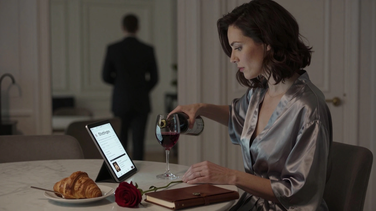 Une femme élégante dans un appartement parisien, tenant un verre de vin près d'une tablette affichant une application de rencontre.