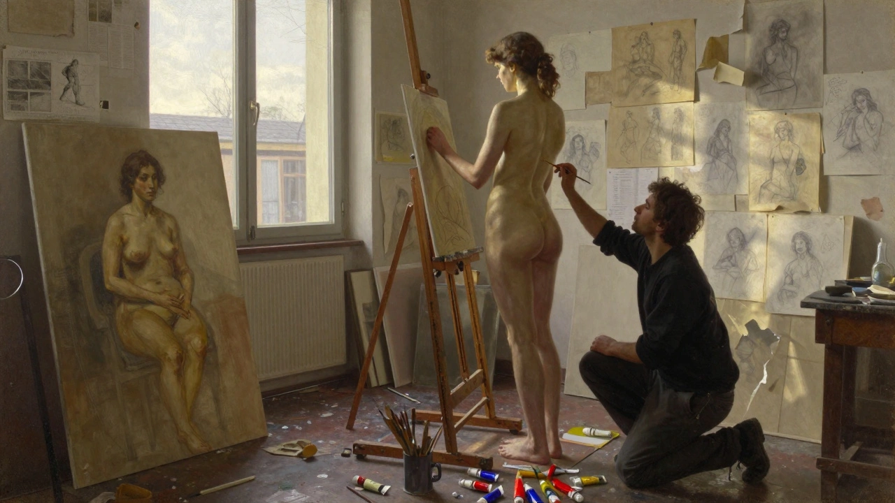 Une femme nue dans un atelier d’artiste, un homme derrière elle avec un pinceau, la lumière du matin filtre par les fenêtres, des tubes de peinture épars.