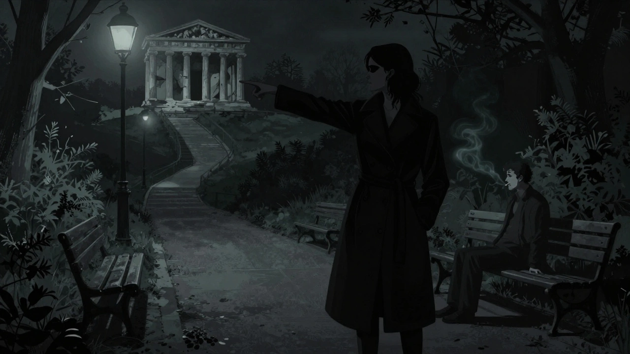 Une femme pointe vers un sentier sombre dans le parc des Buttes-Chaumont, nuit, ombres allongées, ambiance secrète et urgente.