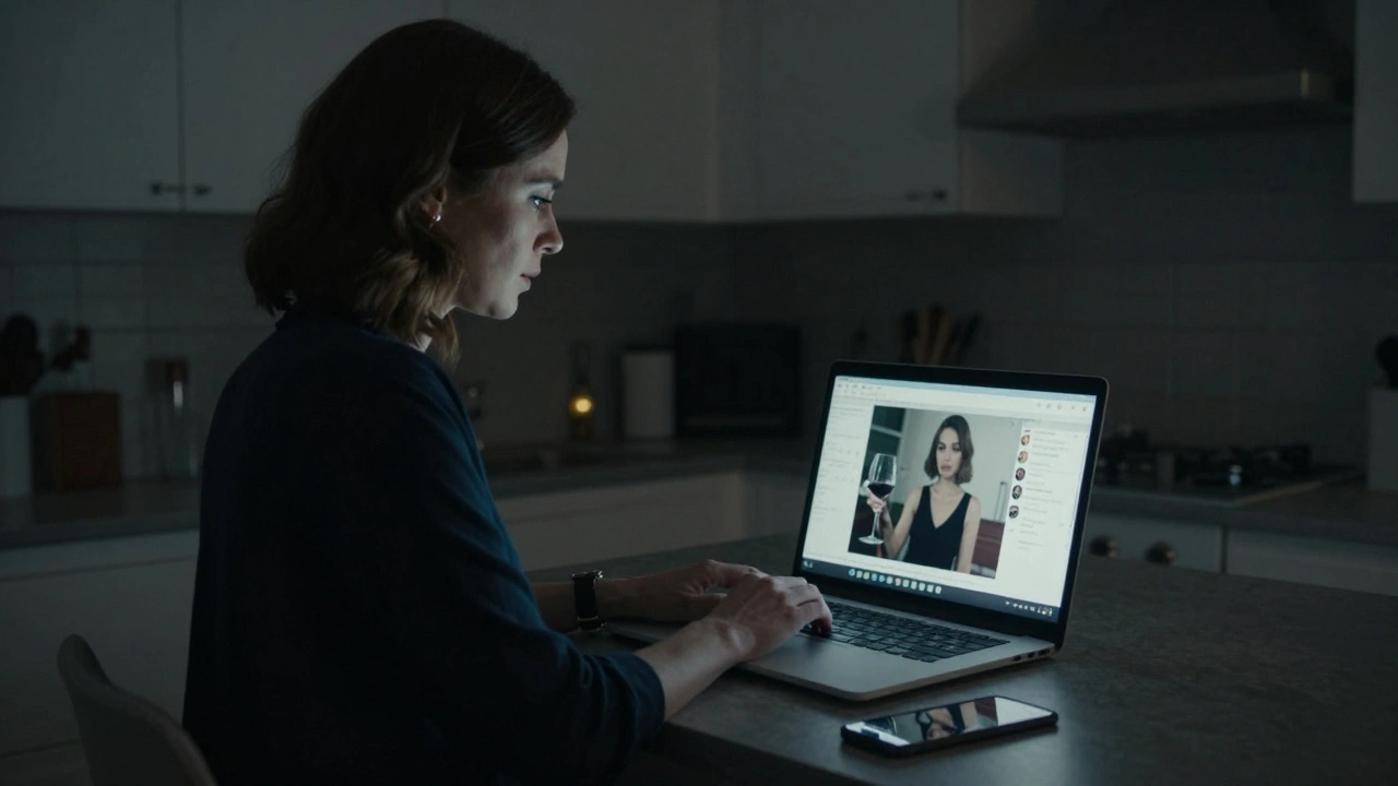 Une femme regardant un écran d’ordinateur où apparaît une photo suspecte, dans une cuisine éclairée par la lune.
