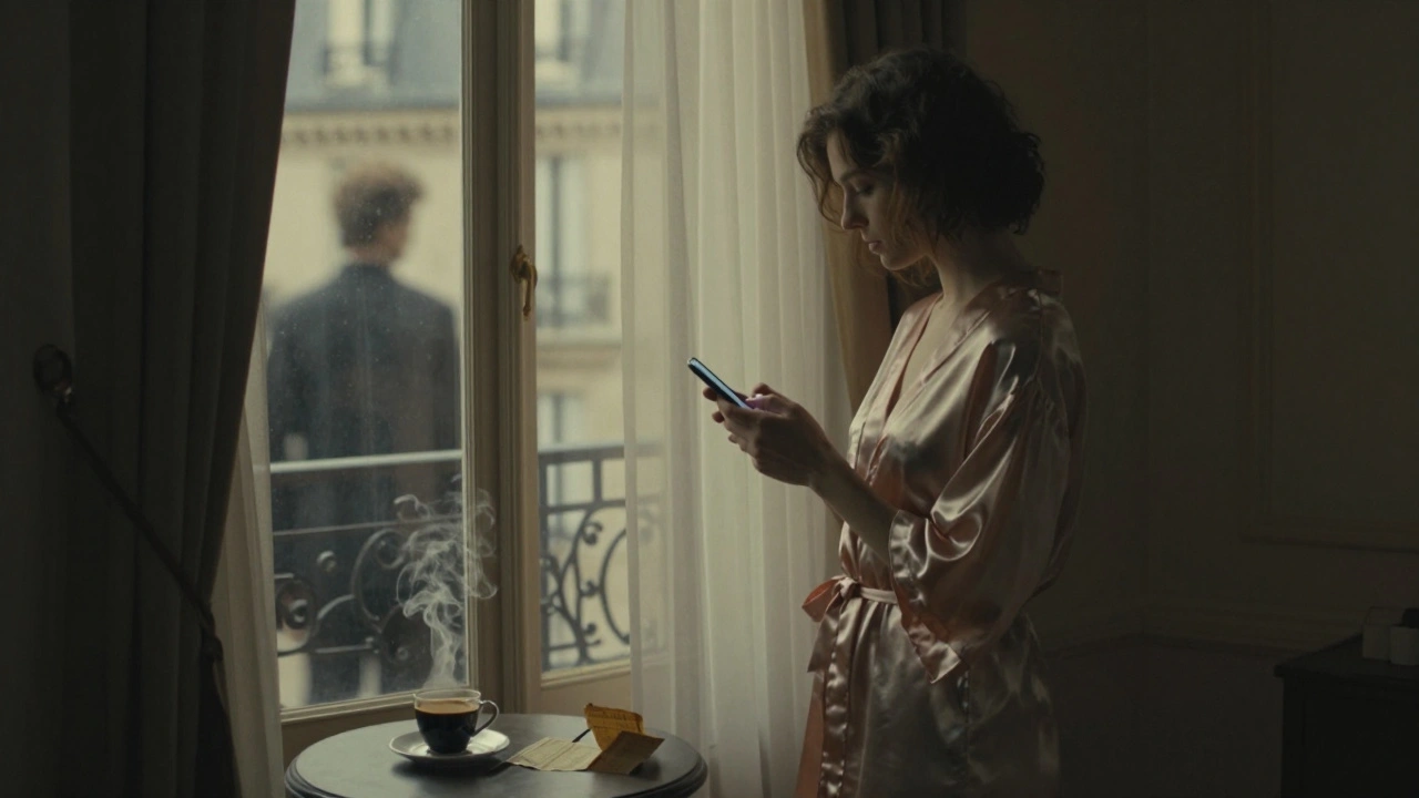 Une femme seule près d'une fenêtre à Paris au petit matin, son reflet montre une silhouette d'homme, café fumant sur la table.
