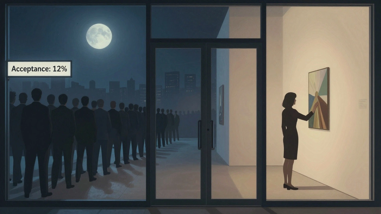 Une porte en verre teinté sépare une femme seule dans un musée d'une file d'hommes en attente, symbolisant l'exclusivité des rencontres élites.