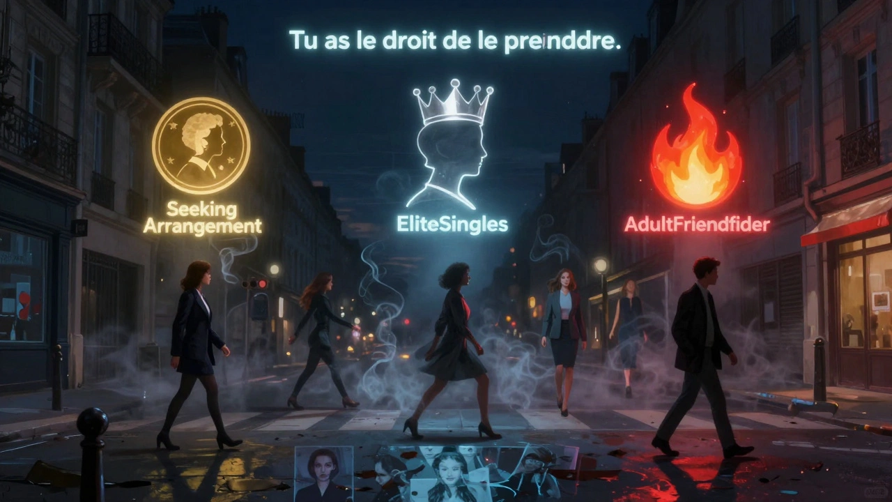 Une rue parisienne la nuit, avec des profils de rencontres flottant comme des hologrammes au-dessus d'un homme qui marche.