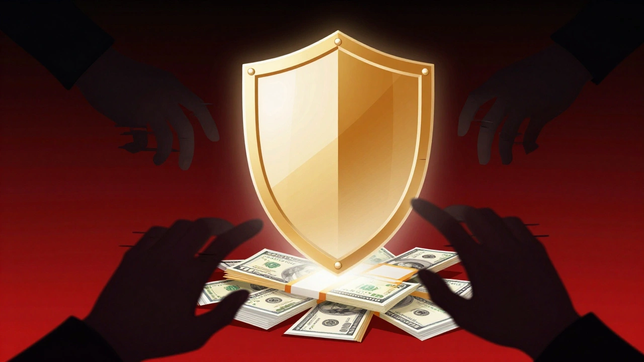 Bouclier doré protégeant l'argent des doigts sombres abstraits.