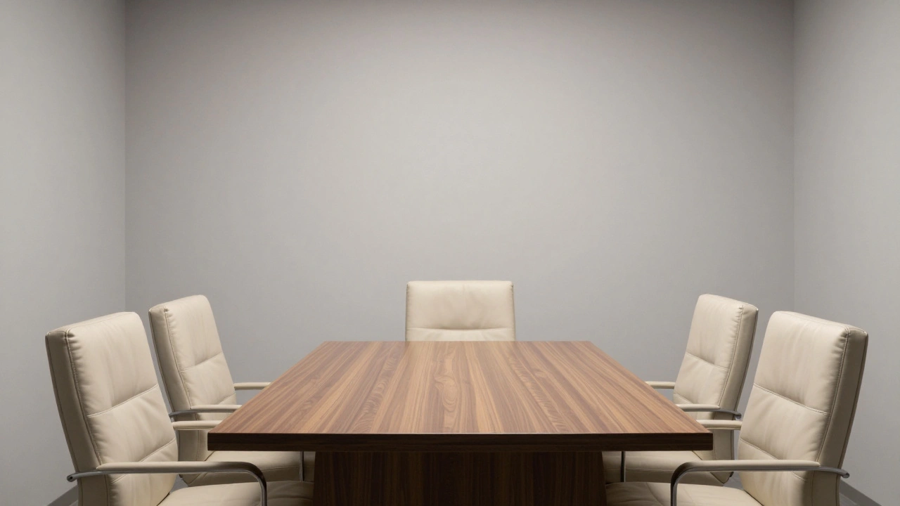 Bureau de consultation minimaliste avec éclairage neutre, fauteuils en cuir et ambiance sécurisée.