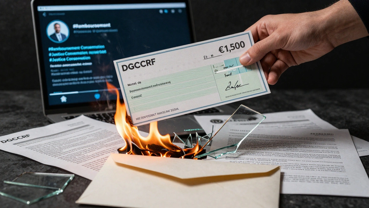 Chèque de remboursement flottant au-dessus de contrats en feu, avec des réseaux sociaux en arrière-plan et une enveloppe DGCCRF.