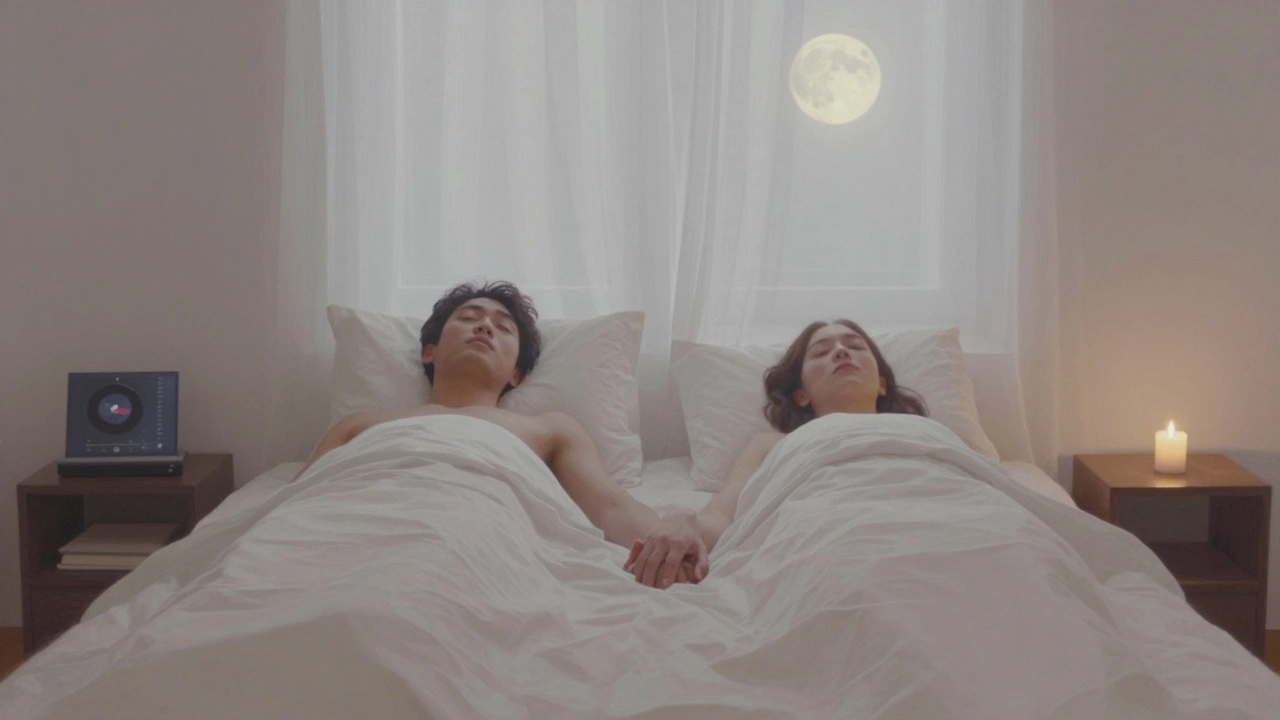 Deux personnes allongées côte à côte dans une chambre calme, leur contact minimal transmettant une intimité profonde.