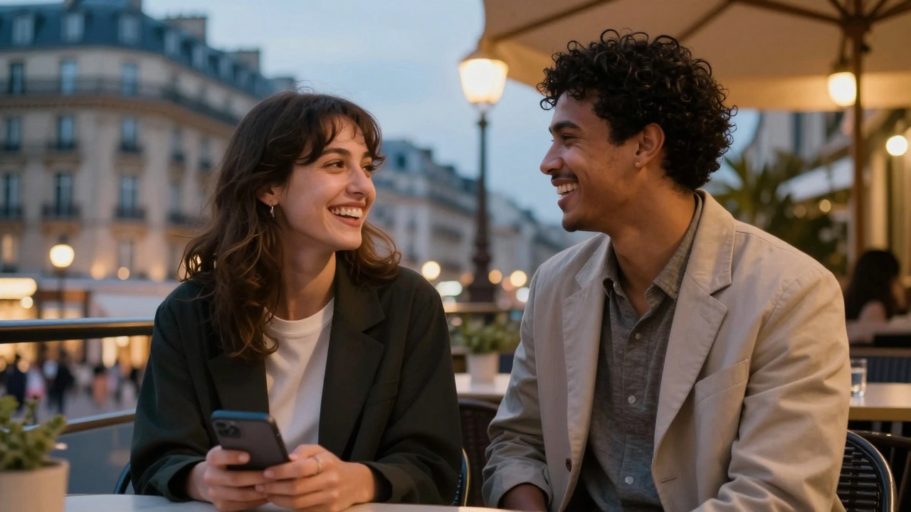 Deux personnes discutant dans un café en soirée dans un cadre urbain.