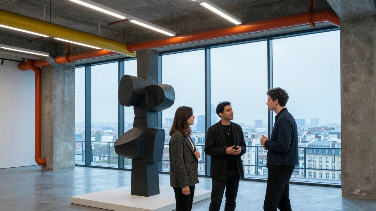Deux personnes discutent devant un art moderne au Centre Pompidou.