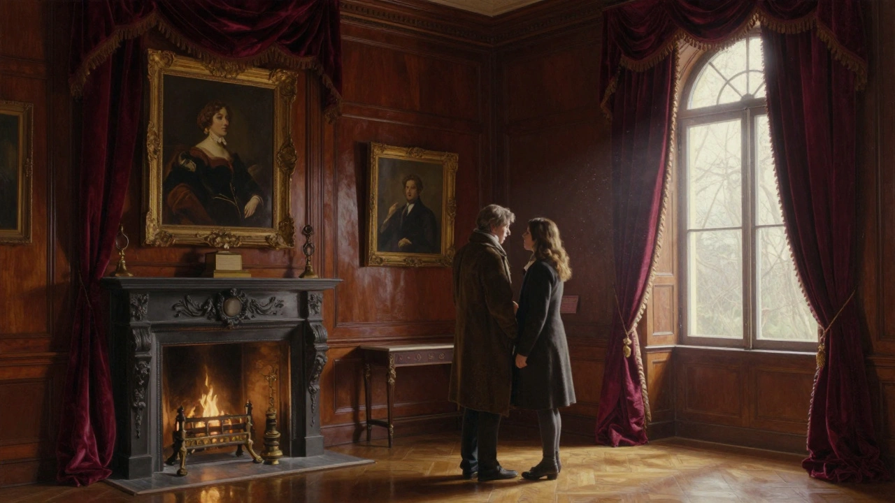 Deux personnes discutent près d'un tableau dans un salon ancien richement décoré.