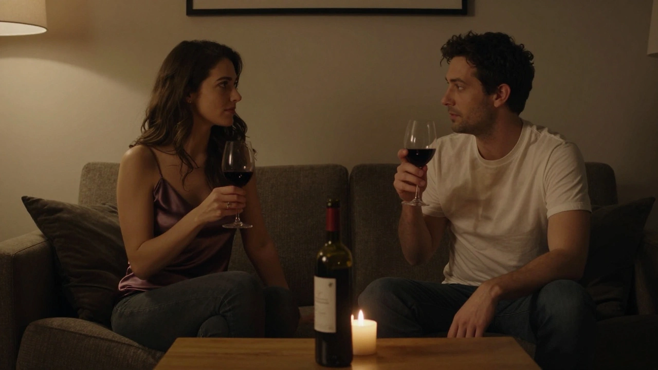 Deux personnes silencieuses sur un canapé, verres de vin à la main, lumière douce, connexion non verbale.