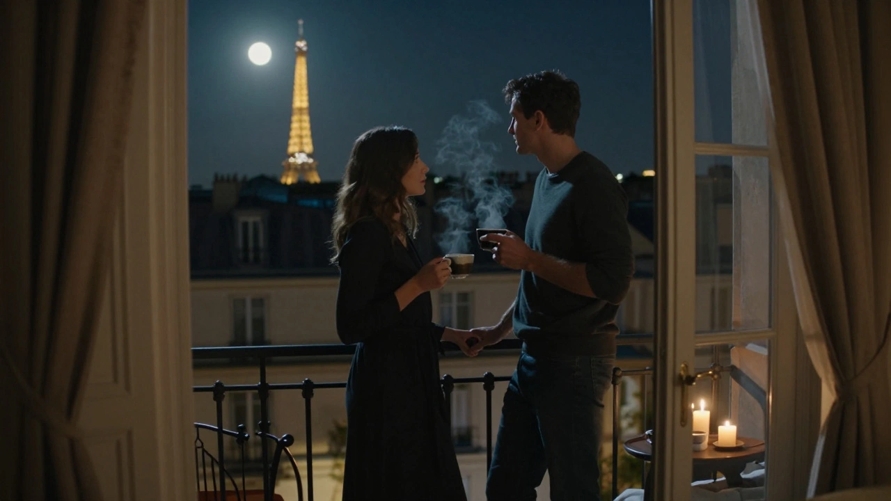 Deux personnes sur un balcon parisien de nuit, buvant du thé, la Tour Eiffel en arrière-plan, dans une atmosphère calme et profonde.