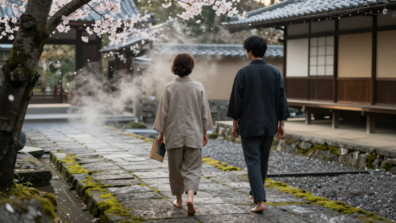 Deux silhouettes marchant sur des pierres de temple à Kyoto au lever du jour, fleurs de cerisier en vol, atmosphère paisible et spirituelle.