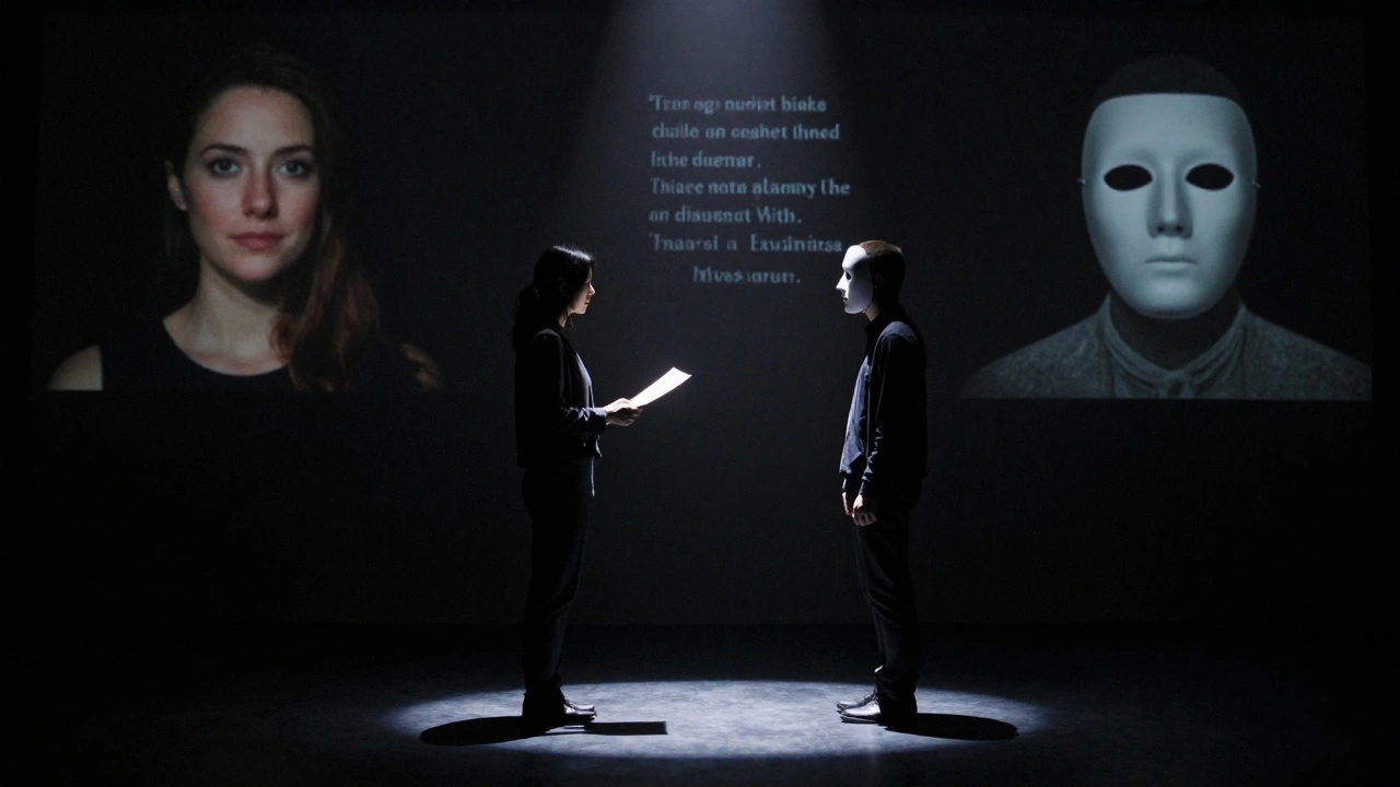 Deux silhouettes sur scène théâtrale, masques et vérités cachées projetées en arrière-plan sombre.