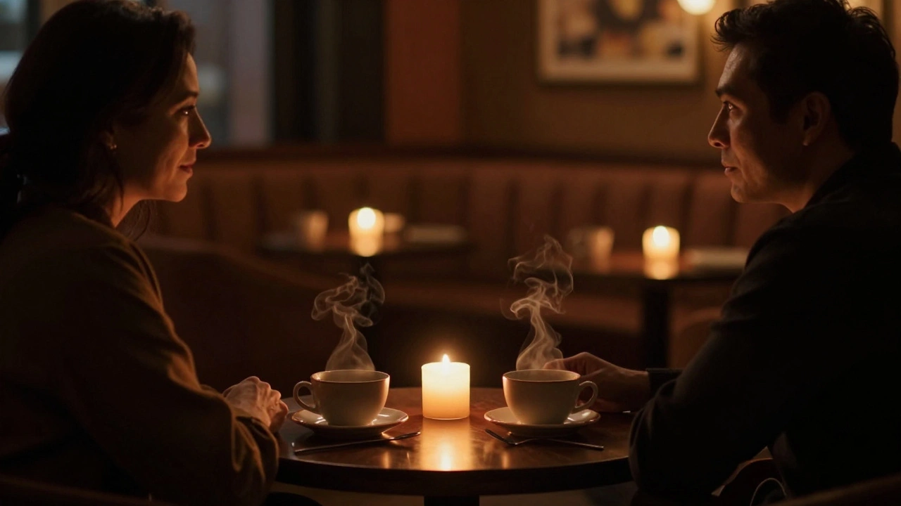 Discussion dans un lounge chaleureux entre deux individus assis autour d'une table à la lumière tamisée.