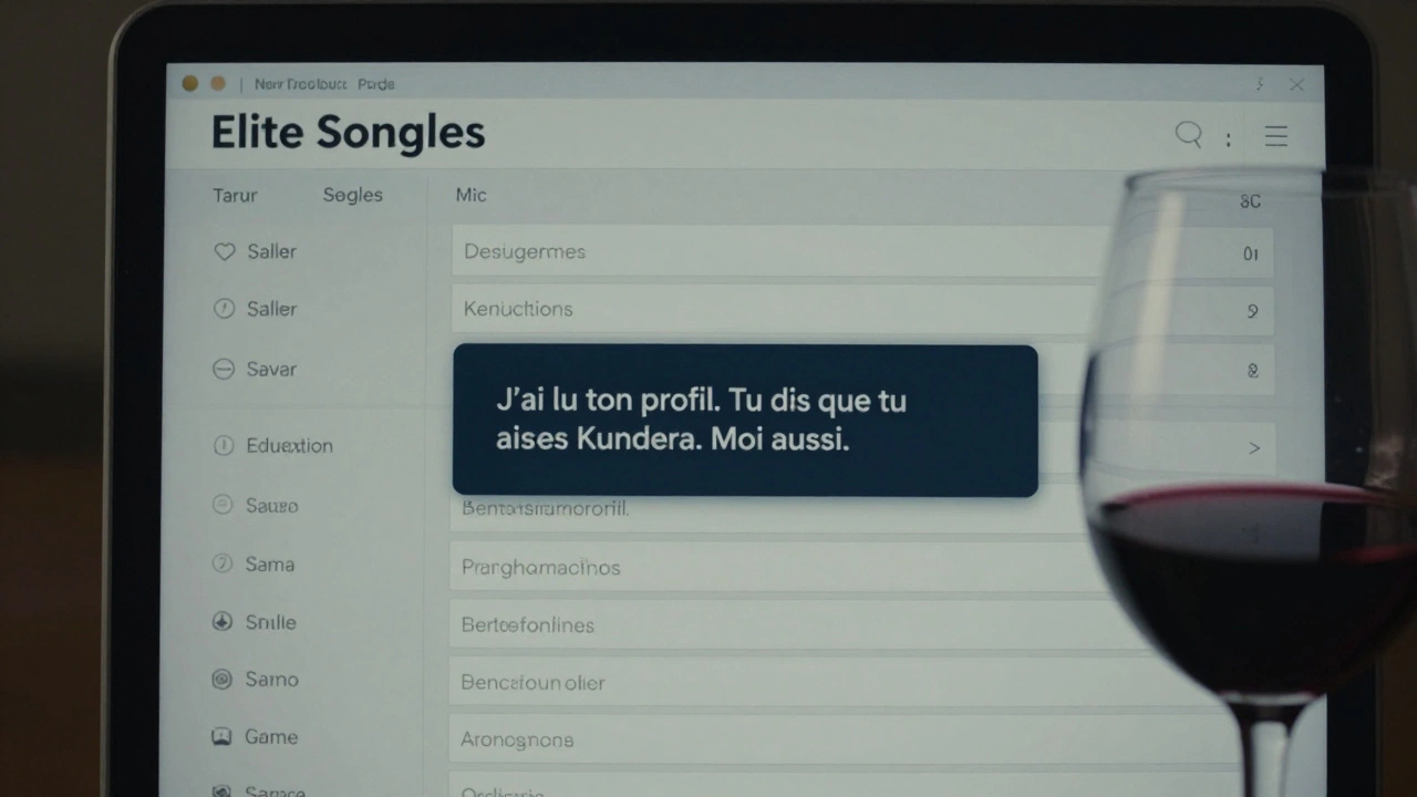 Écran d'ordinateur montrant un profil Elite Singles avec un message intelligent, verre de vin à côté.