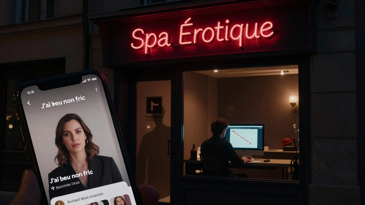 Salon de massage à Lyon à la nuit tombée, enseigne clignotante et écran d'ordinateur affichant un avis négatif viral.