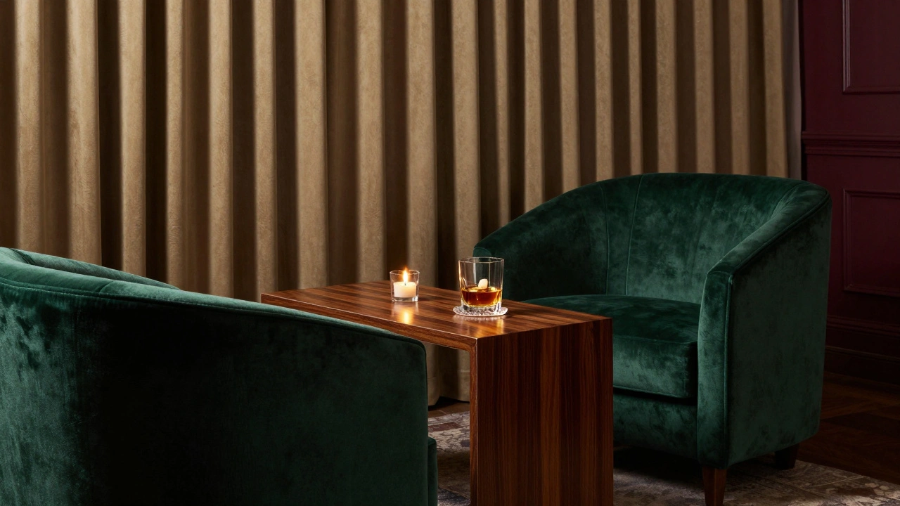 Salon privé luxueux, fauteuils vides, lumière dorée tamisée.