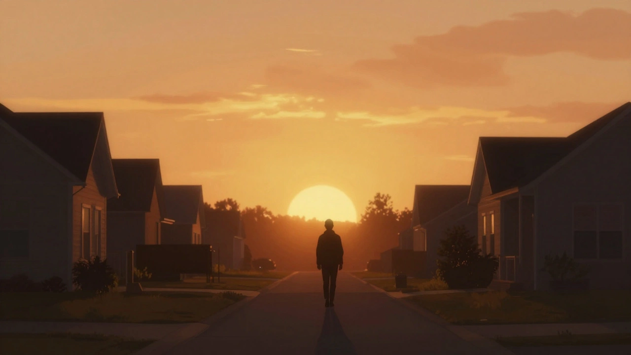 Silhouette d'une personne marchant vers l'aube et quittant une maison sombre.