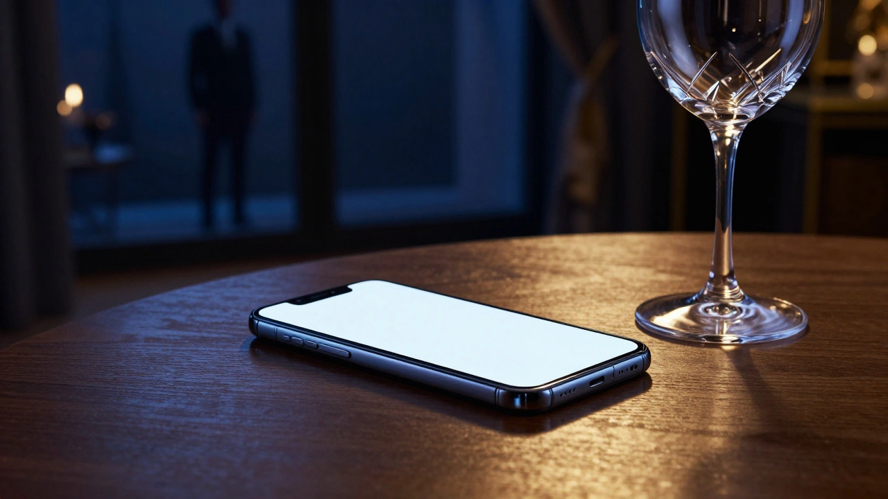 Téléphone et verre de vin sur une table luxueuse en soirée.