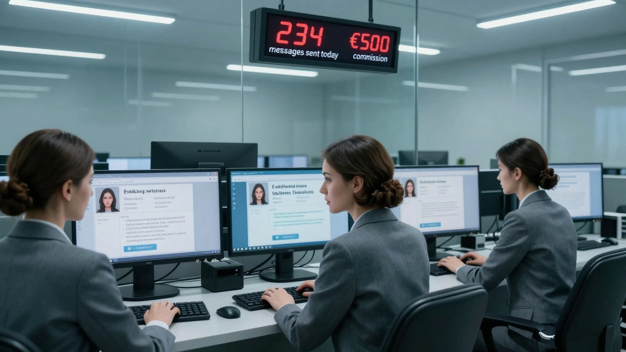 Trois femmes dans un centre d'appels en Europe de l'Est, créant des profils de rencontre falsifiés sur plusieurs écrans.