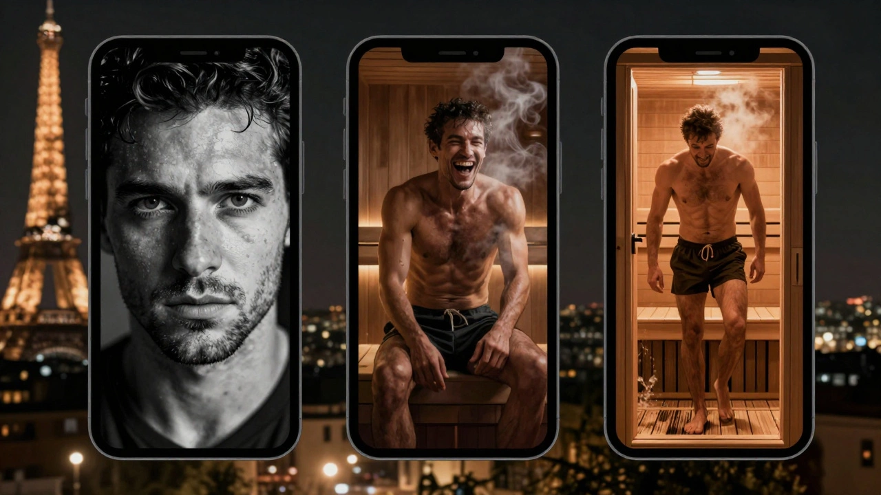 Trois photos de profil sur un écran : regard intense, rire sincère, silhouette en short sortant d’un sauna.