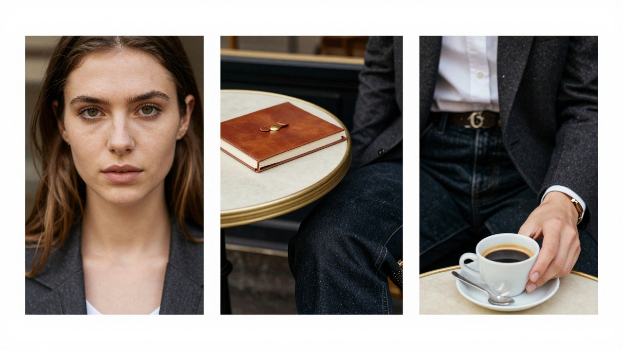 Trois photos soignées sur un profil de rencontre parisien : portrait, tenue élégante, main sur un café avec un livre.