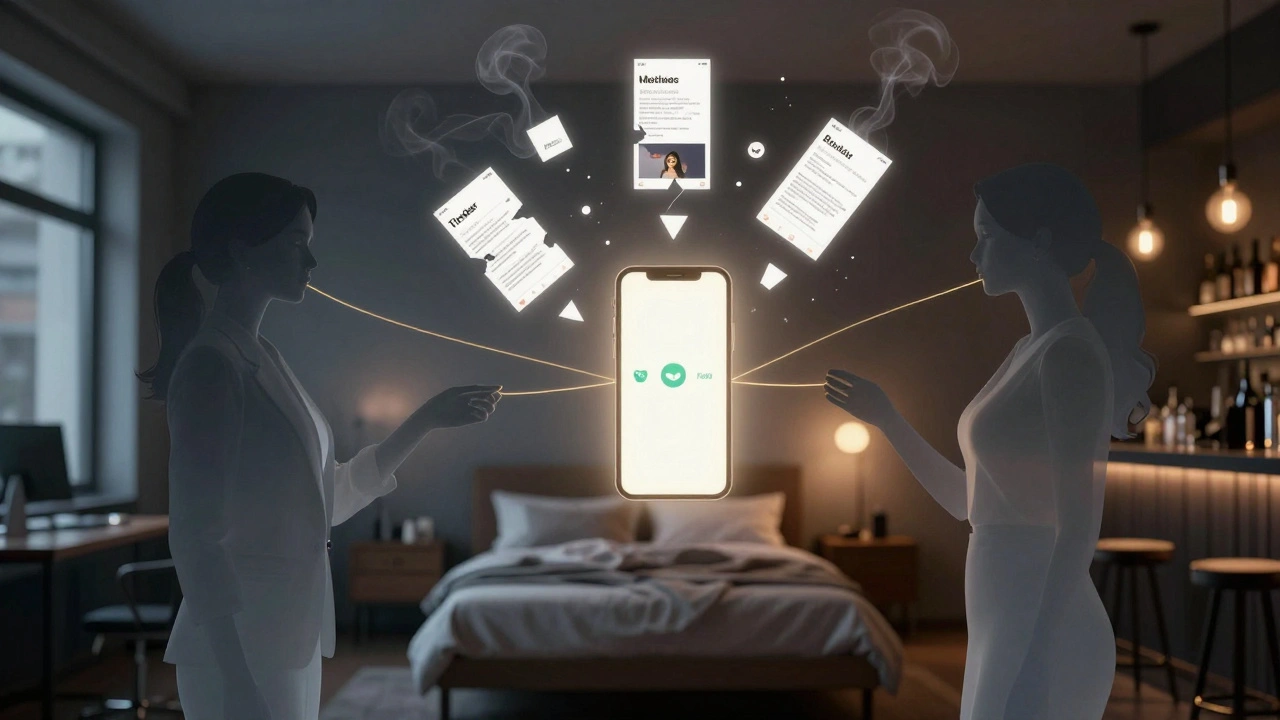 Trois silhouettes féminines connectées à trois applis de rencontre, profils obsolètes en train de s'évaporer.