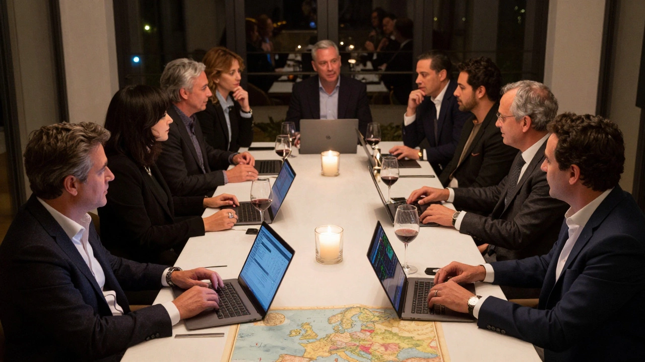 Un dîner d'élite à Barcelone avec douze personnes engagées dans une conversation intellectuelle et raffinée.