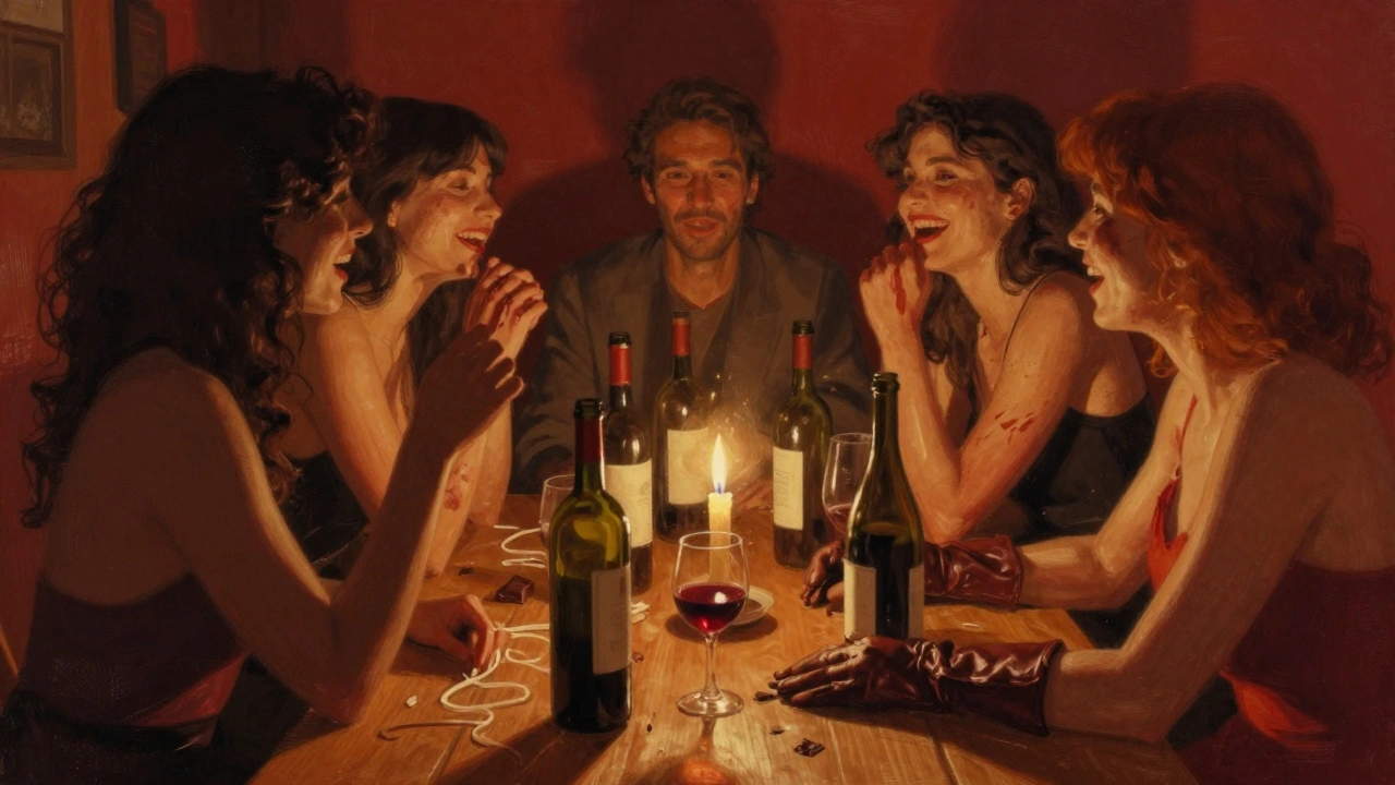 Un groupe d'adultes dans un appartement à Toulouse partage un moment intime avec vin, chocolat et cuir.