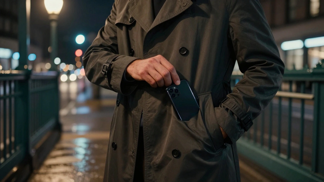 Un homme cache discrètement son téléphone dans une poche sur la rue la nuit.
