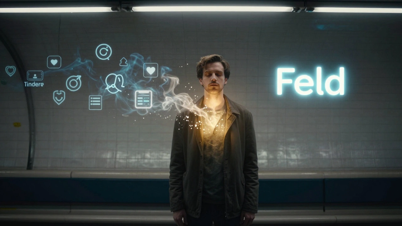 Un homme dans le métro parisien libéré des attentes sociales, entouré de symboles numériques qui s'effacent.