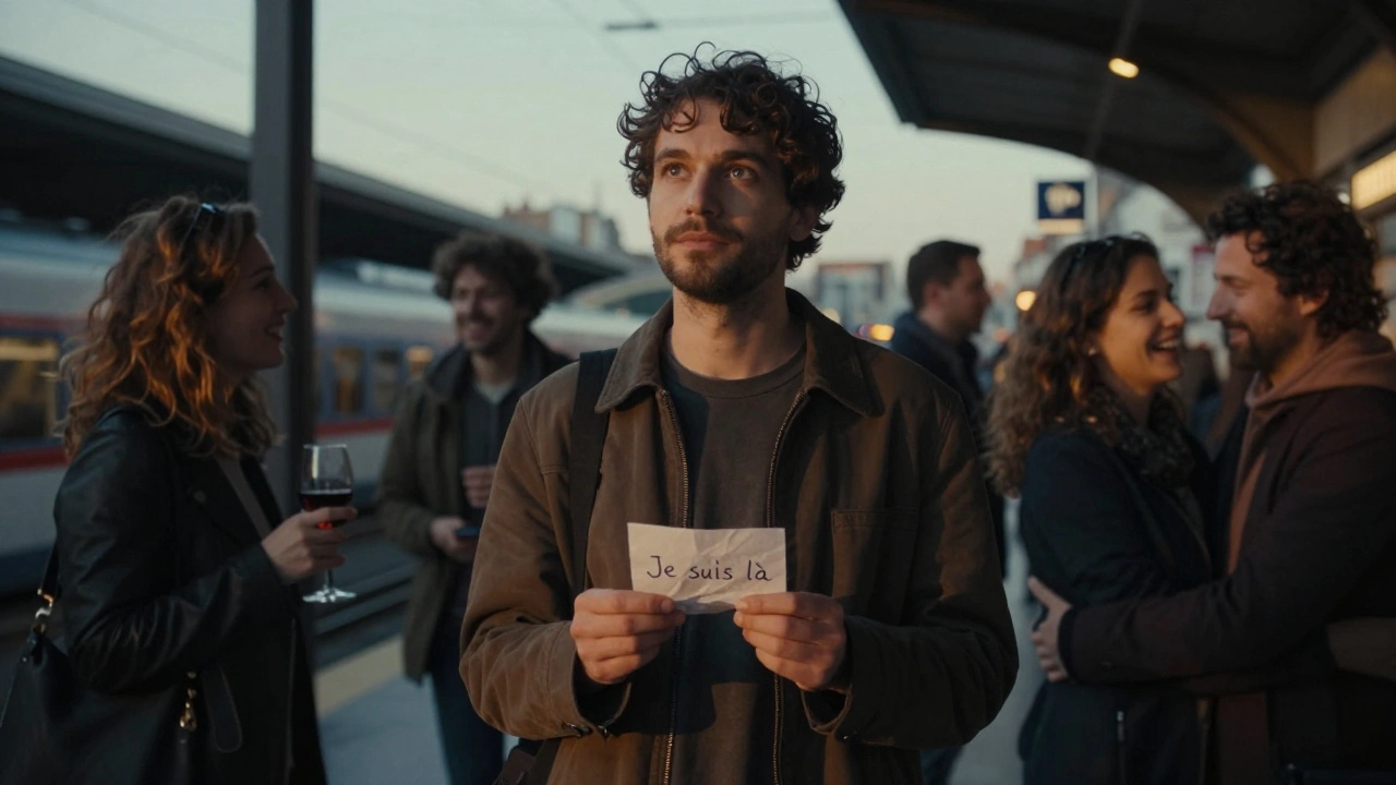 Un homme dans une gare de Lyon, regardant autour de lui tandis que des gens réels rient et interagissent naturellement.
