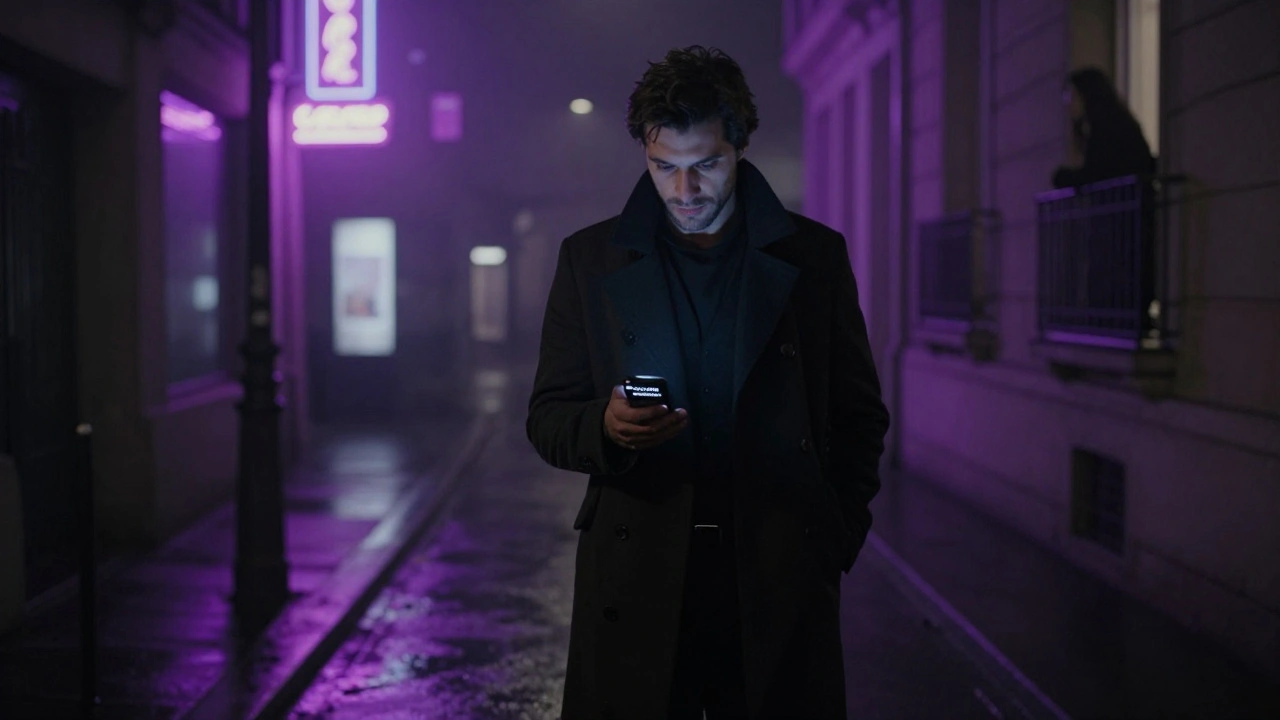 Un homme marche seul sous la pluie la nuit, regardant son téléphone, des lumières de ville reflétées sur le sol mouillé.