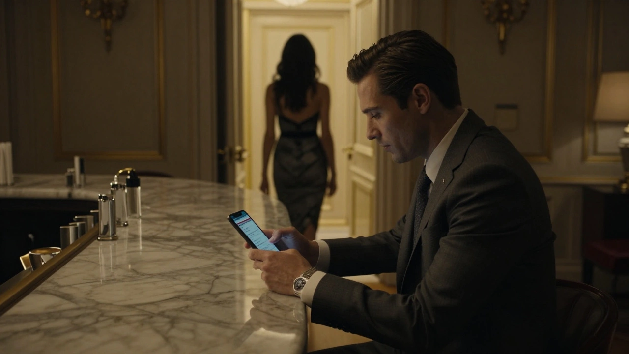 Un homme regarde un transfert bancaire de 800€ dans un bar parisien, tandis qu'une femme s'éloigne.