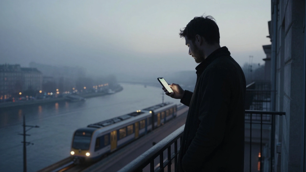 Un homme seul sur un balcon à l'aube, regardant son téléphone tandis qu'un train s'éloigne vers une autre ville.