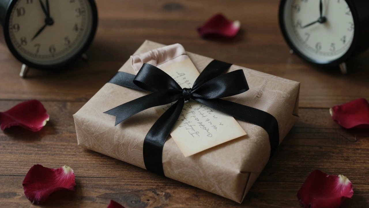 Un petit colis élégamment emballé avec des bas de soie et une note manuscrite, entouré de pétales de rose.